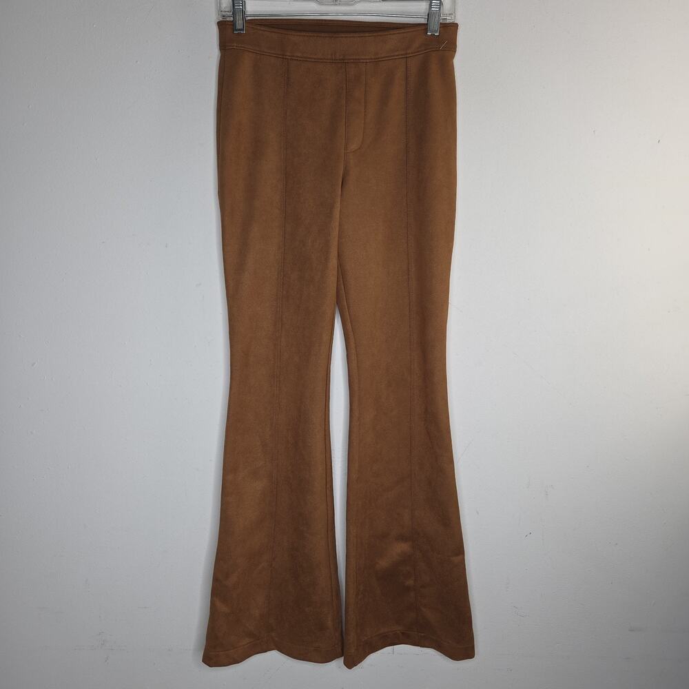 SPANX Faux Suede Flare Pants Womens M Petite Caramel Brown Pull On Stretch